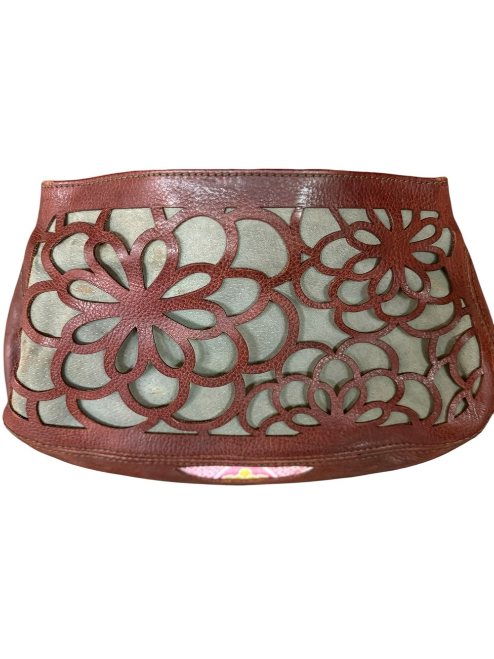 Hadley Pollet Peek-A-Boo Leather Floral Cutout Clutch brown